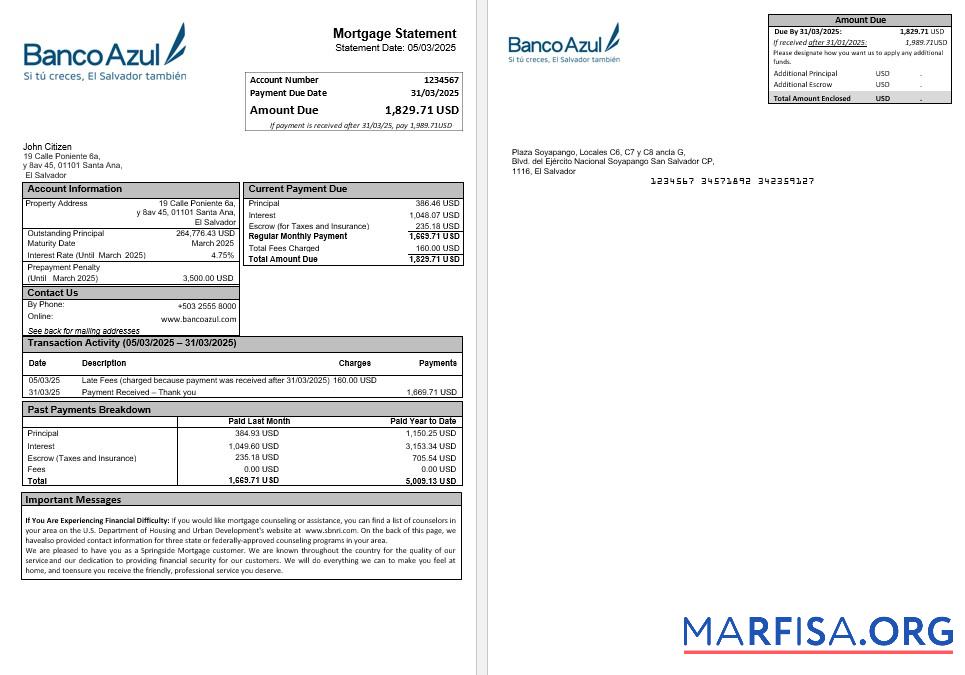 Downloadable Salvador Banco Azul mortgage statement in Word and PDF formats download for verification